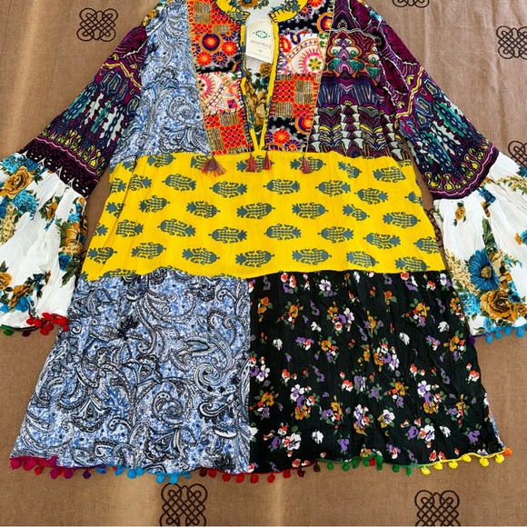 Anandas Collection NWT! Yellow/Multi Patchwork Boho Chic Shift Dress Top Coverup - Picture 4 of 17
